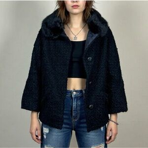 Vintage 1950s Black curly Persian Lamb Jacket  Mink Fur Collar Short Coat Size M
